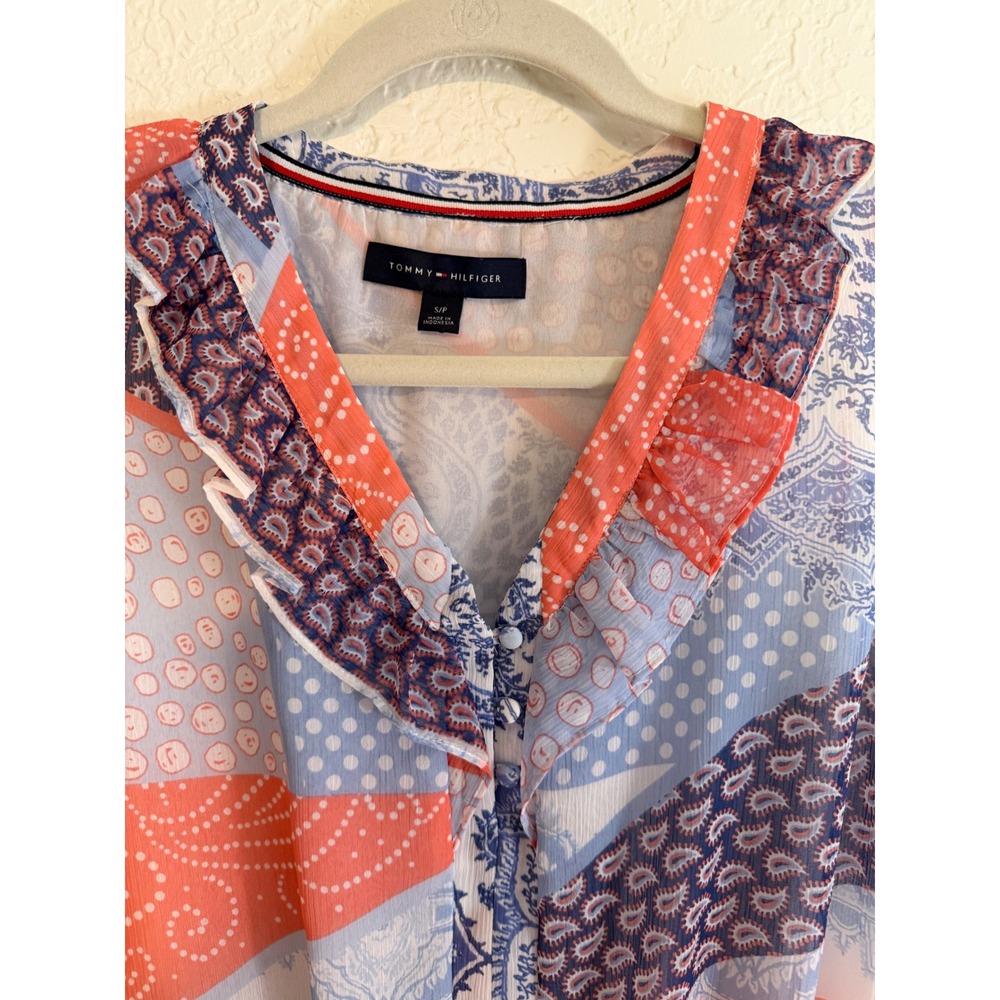 Tommy Hilfiger Sleeveless Blouse Multicolor S Women Ruffle V-Neck Patchwork - Picture 7 of 11